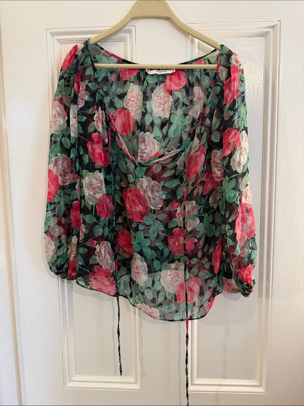 Saint Laurent rive gauche YSL sheer Floral Blouse Black Pink & Green 36 vintage